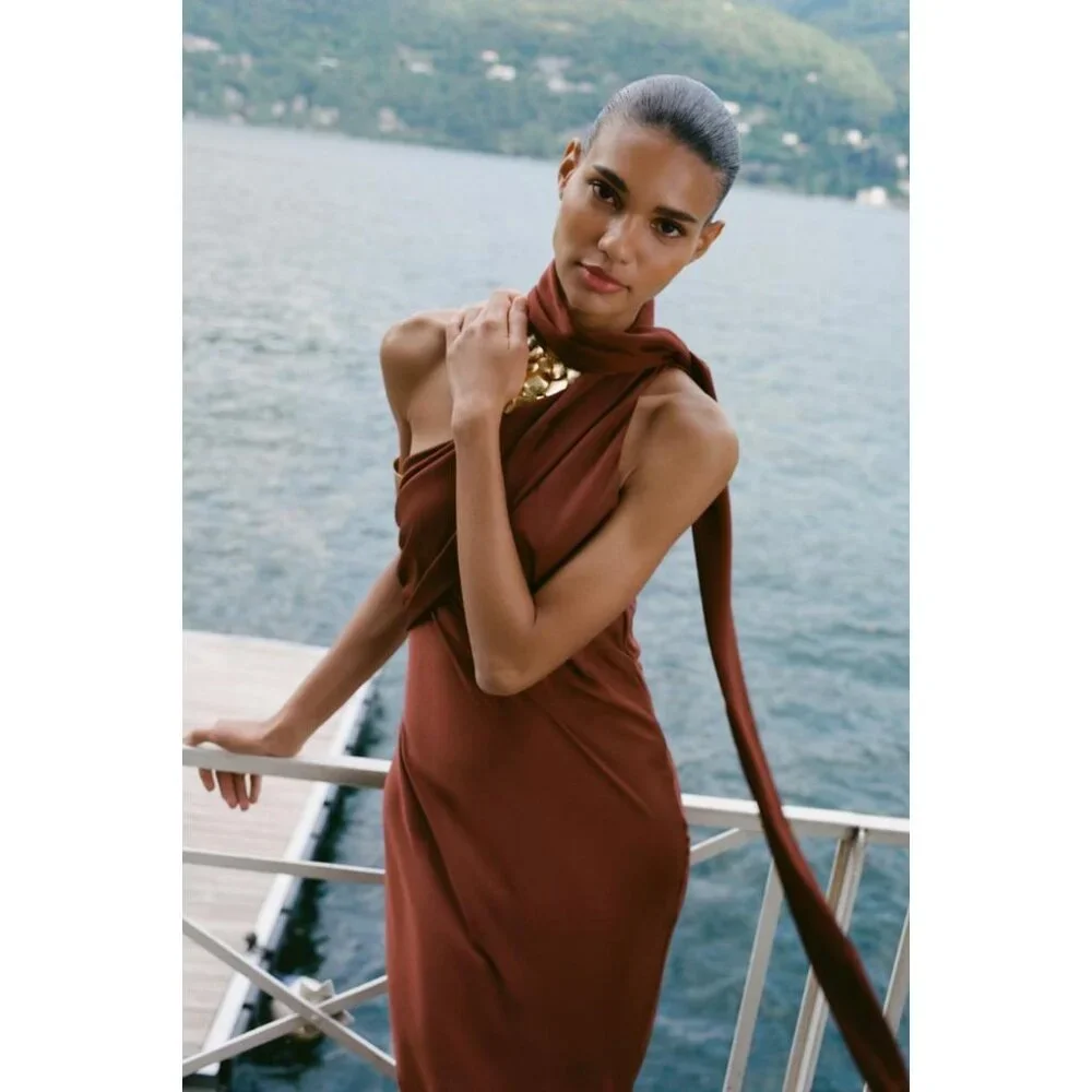 ZARA ASYMMETRIC MIDI DRESS WITH SCARF - Picture 3 of 8